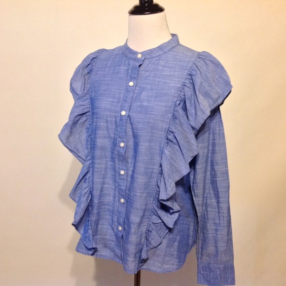 Gap Top Womens Medium Button Ruffle Blue - Picture 3 of 6